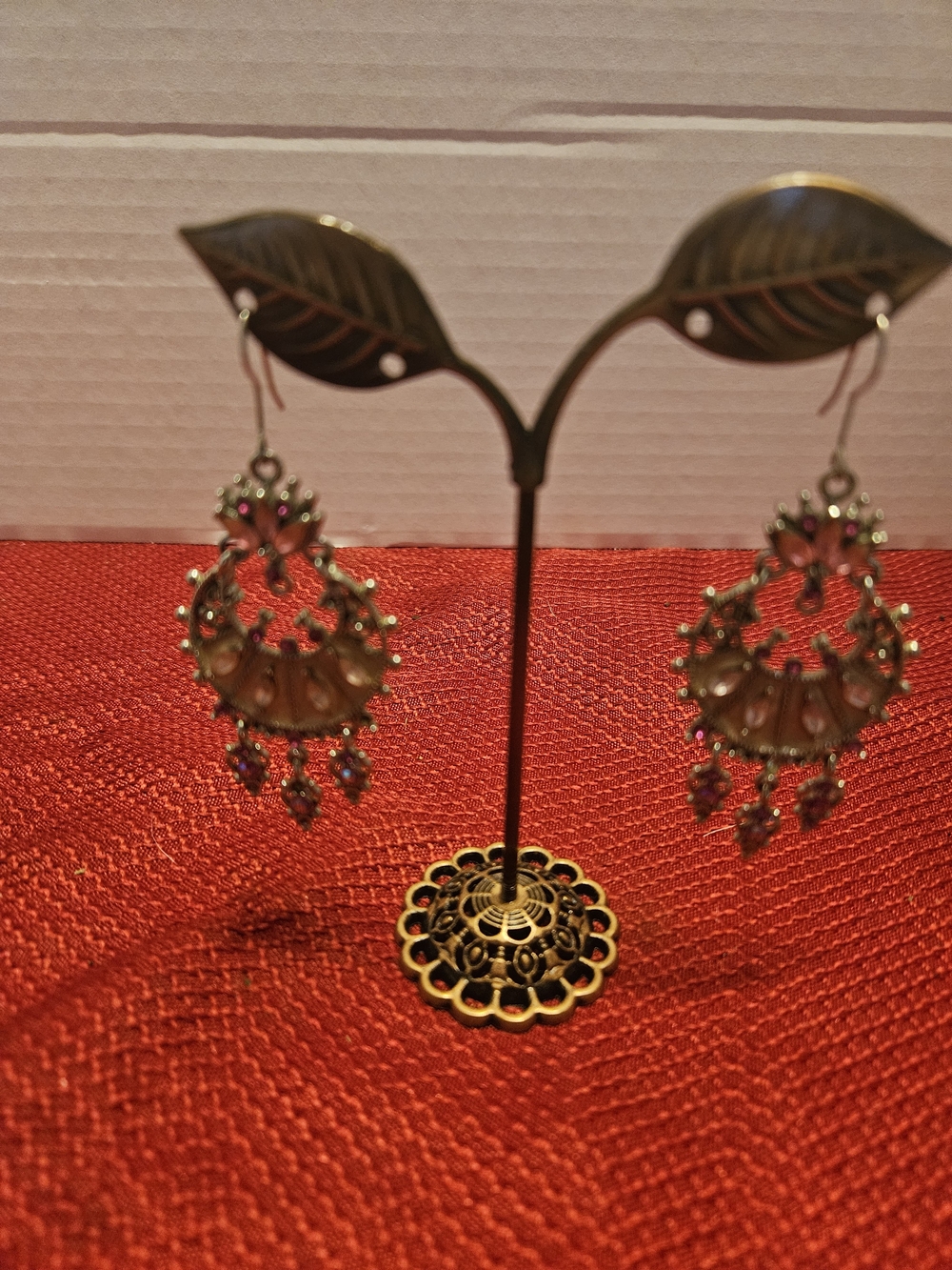 Ornate Silver-Tone Chandelier Earrings with Pink Accents